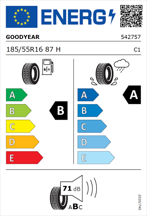 Tyre Label for Goodyear EfficientGrip Performance 185/55R16 87H