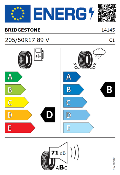 Tyre Label for Bridgestone Potenza RE050A I 205/50R17 89V