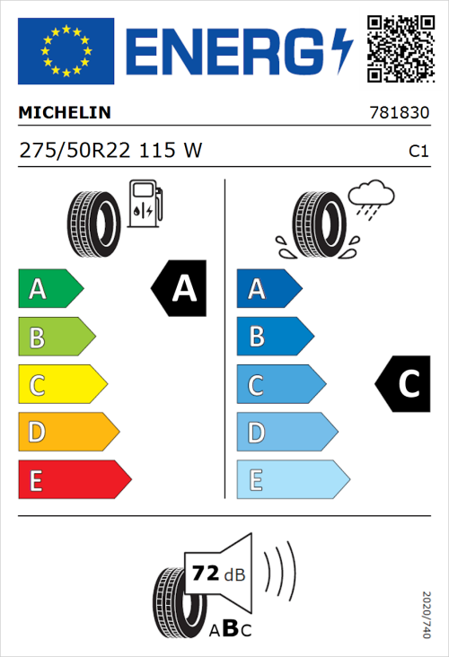 Tyre Label for Michelin Primacy All Season 275/50R22 115W
