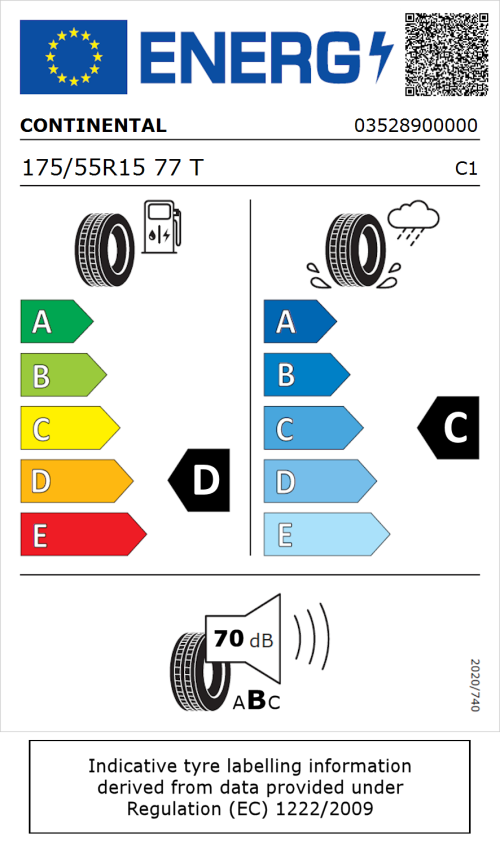 Tyre Label for Continental ContiPremiumContact 2 175/55R15 77T